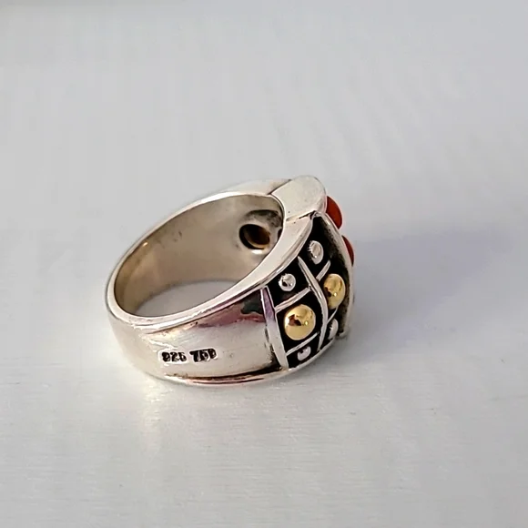 Lagos Caviar Sterling Silver 18K Yellow Gold Red Coral Ring Size 7 - Picture 3 of 6